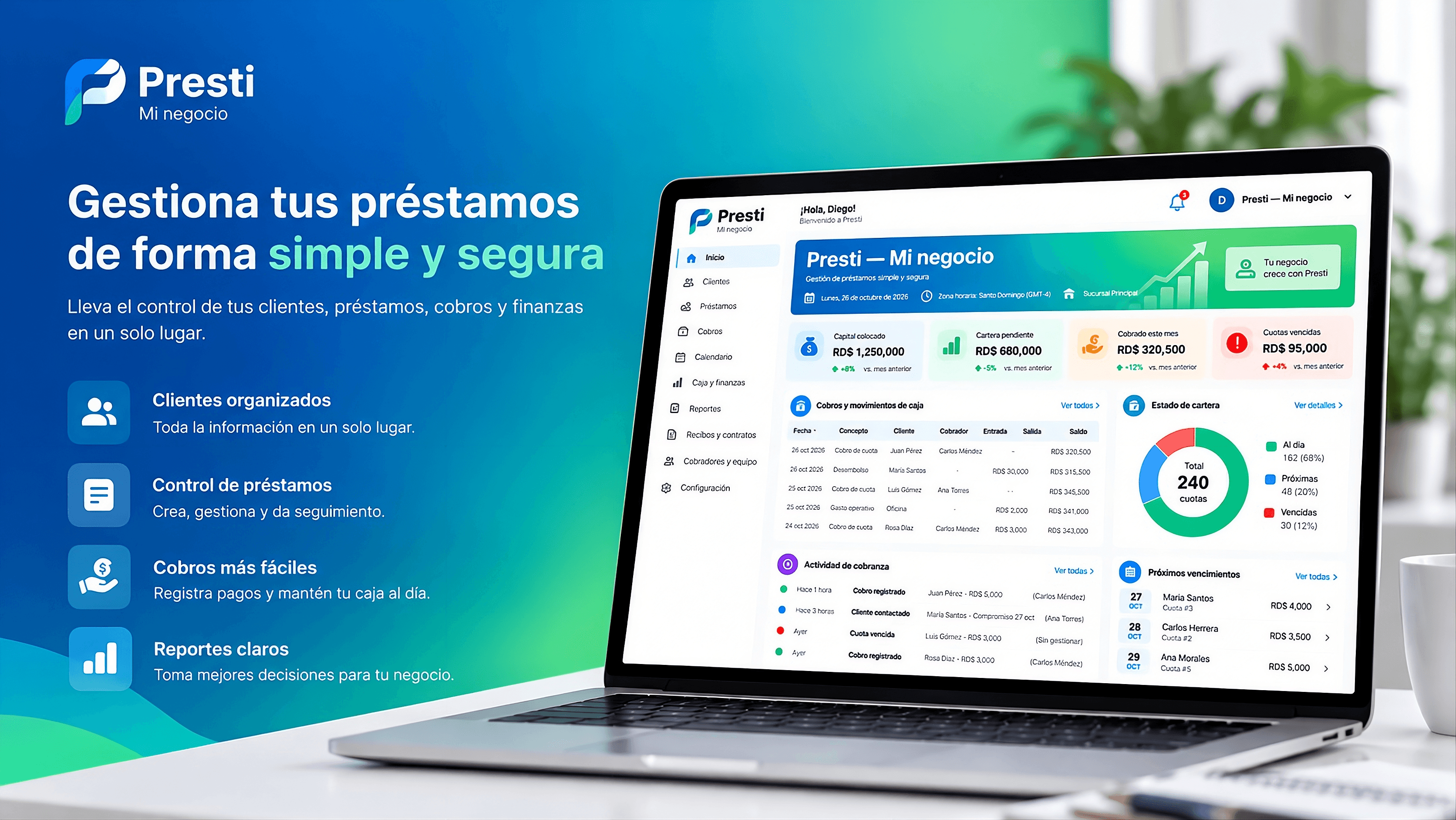 Gestiona tus préstamos de forma simple y segura. Clientes organizados, control de préstamos, cobros más fáciles y reportes claros.